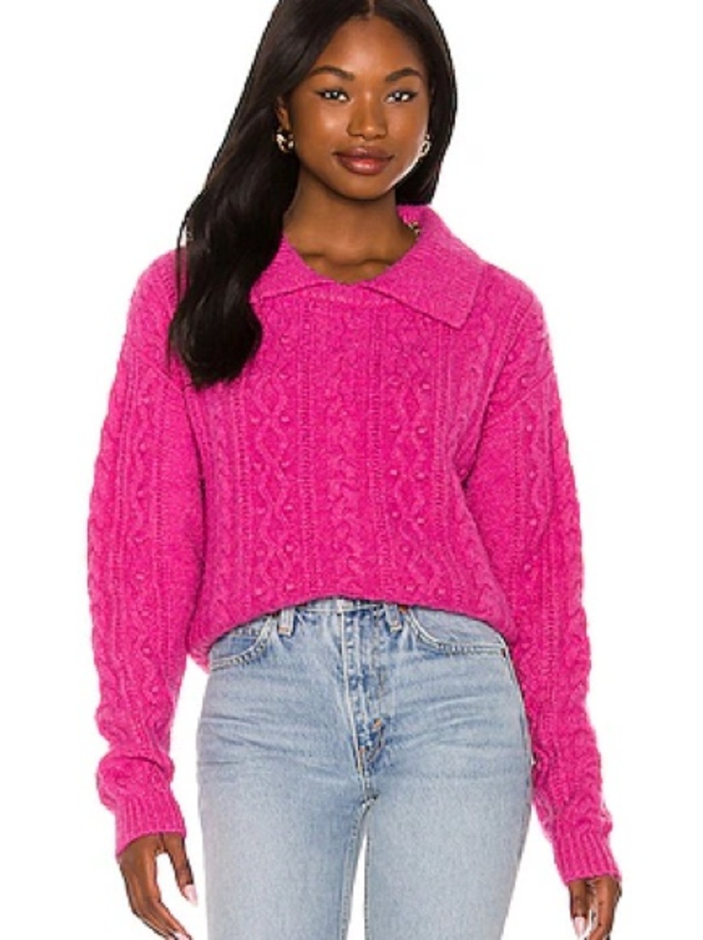 NWT Free People preppy Cable-Knit Every Cloud Pullover sweater Barbiecore size M
